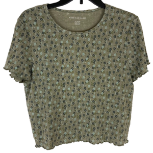 American Eagle Outfitters Olive Green Floral Cropped Waffle Knit Top Size XL